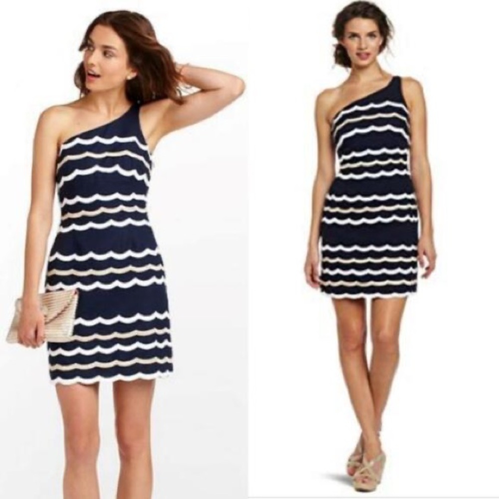 Lilly Pulitzer Navy and White One-Shoulder Scallop Dress